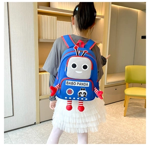 Close-up of robot panda backpack with blue and red details on a child model back