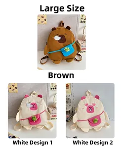 Close-up of cute cartoon bear backpacks with 3D ears and small turtle charms detail