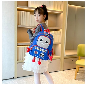 Close-up of blue robot-themed kids' backpack with Babo Panda logo on a shelf