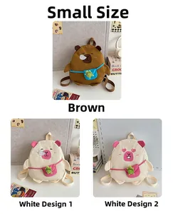 Close-up of small Capybara kids backpack in brown and white with green turtle pocket