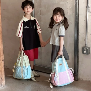 Kids color-block backpack with mountain patch and star pendant for school and travel