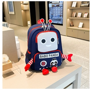 Detail of blue robot panda backpack with BABO PANDA logo and high-capacity zip sections