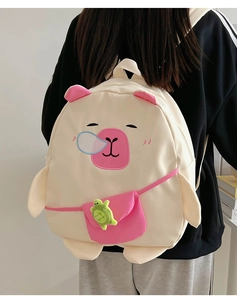 Detail of Capybara backpack for kids with cute embroidery and turtle plush pendant