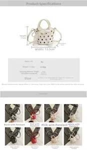 Détails du mini sac seau à pois avec dimensions et pendentif nœud en perles