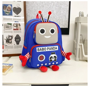 Detail of creative robot kids backpack with red antennas and panda logo on deep blue fabric