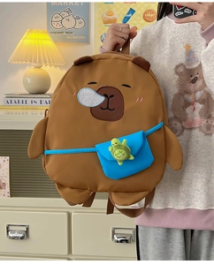 Close-up of brown Capybara backpack featuring waterproof nylon fabric and turtle charm