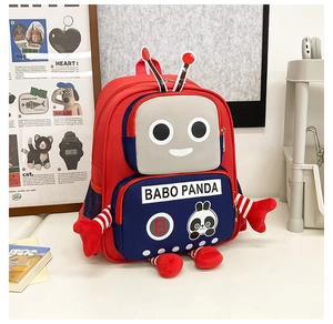 Detailed view of the red robot-shaped backpack featuring a cute panda illustration