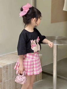 Kids black kitten t-shirt with plaid pleated skirt and pink drawstring handbag