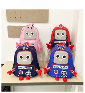 Four colorful robot panda backpacks for children in pink, red, navy and bright blue