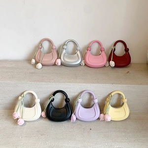 Mini Half Moon Shoulder Bag PU Leather Tulip Pendant Fashion Lightweight Purse For Kids Girls Toddlers Solid Color