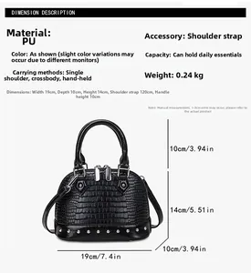 Detailed size specifications for the black crocodile embossed PU leather shell bag