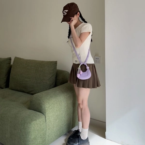 Minimalist purple half-moon kids crossbody bag with cute tulip charm and adjustable strap