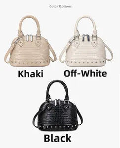Three elegant rivet shell bags in khaki, off-white, and black with crocodile pattern
