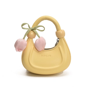 Yellow crescent handbag for kids with pink tulip pendant and green ribbon bow