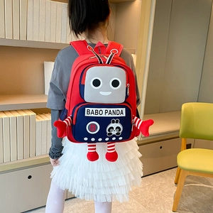 Robot panda school backpack for kids featuring red and blue high-capacity futuristic design