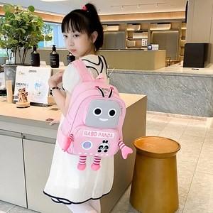 Pink robot panda kids backpack for school with 3D cartoon elements and side mesh pocket