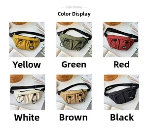 Detailed grid showing casual nylon kids waist bags in six vibrant colors with front pockets