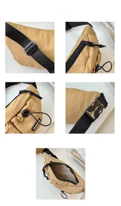 Detailed views of khaki nylon waist bag with adjustable strap and plastic buckle