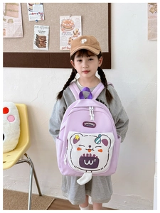 Detailed view of large capacity kids backpack with cute cartoon bear face design