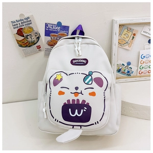 Close-up of white bear backpack showing purple zippers and cute cartoon pattern details