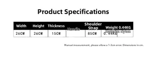 Detailed size chart for kids nylon backpack showing 26x26x15cm dimensions and specs