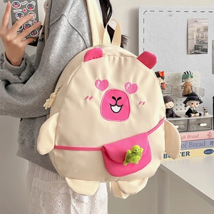 Cute Capybara school backpack in beige with pink heart embroidery and small turtle doll