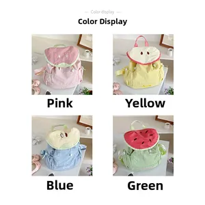 Collage of fruit-themed children's canvas backpacks in pastel pink, yellow, blue, and green