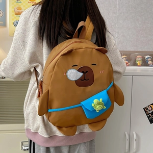 Cute Capybara cartoon backpack for kids featuring a mini turtle charm and blue satchel