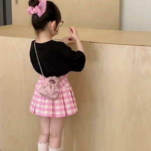 Toddler girl set with black T-shirt, pink plaid skirt, bow hairband, and mini chain bag
