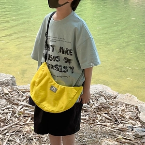 Kids casual yellow canvas half-moon crossbody bag with adjustable black strap