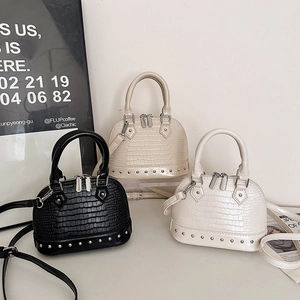Mini Shell Handbag Crocodile Pattern PU Leather Crossbody Bag With Rivet Decor Top Handle Adjustable Strap For Women