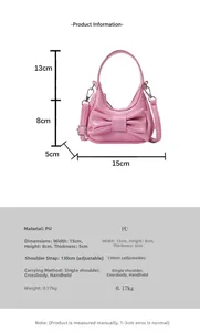 Detailed size specifications for pink mini PU leather handbag with decorative bow