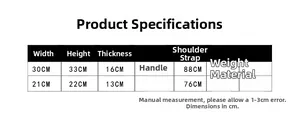 Detailed size chart for kids contrast color backpack with width height and material specs
