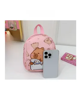 Detailed size comparison of pink mini kids backpack with cute cartoon bear prints