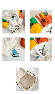 Detailed close-up of nylon fabric texture and drawstring buckle on colorful kids backpack