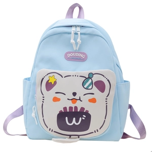 Light blue large capacity kids backpack with cute cartoon bear and purple handle