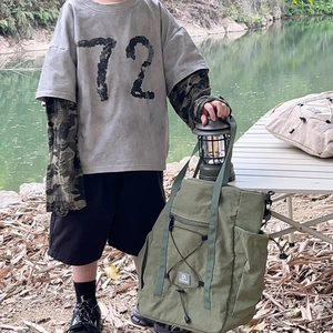 Army green large canvas kids travel tote bag with drawstring for outdoor camping trips