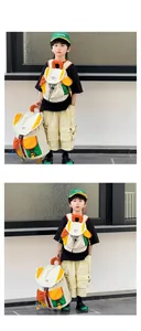 Detailed view of kids multi-pocket backpack with vibrant four-color patchwork design