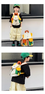 Detailed view of kids' color-block backpack with functional pockets and drawstring closure