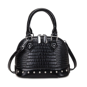 Black crocodile pattern mini shell bag with silver rivets and top handle strap