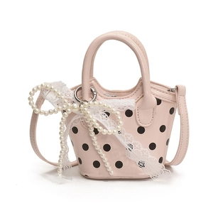 Mini sac à main rose à pois pour filles avec breloque nœud en perles et bandoulière