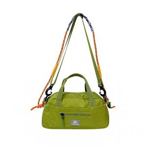 Kids outdoor sports shoulder bag in green nylon with colorful woven rope straps