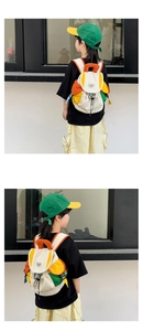 Detailed view of kids colorful contrast backpack and matching baseball cap set