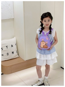 Purple preschool backpack with cartoon capybara print and adjustable straps for kids