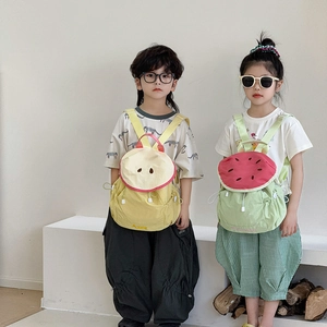 Colorful kids fruit backpacks with apple and watermelon designs and drawstring straps