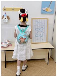 Toddler backpack featuring cute cartoon graphics with blue adjustable straps and a zipper
