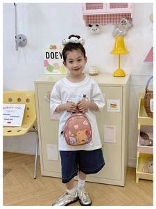 Pink cartoon Capybara kids backpack worn by a little girl in a cozy home setting