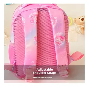 Breathable mesh back and adjustable padded straps of the pink cartoon fish school bag