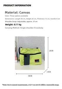 Size guide for canvas drawstring bag with dimensions 30x20x13cm and adjustable strap