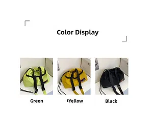 Detailed color display of three drawstring backpacks in green, yellow, and black nylon